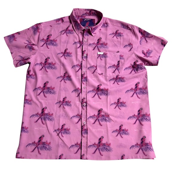 Retro Rifle Shirt Mens Saws Macaws Pink AOP Hawaiian Tropical Button Up Size 2XL